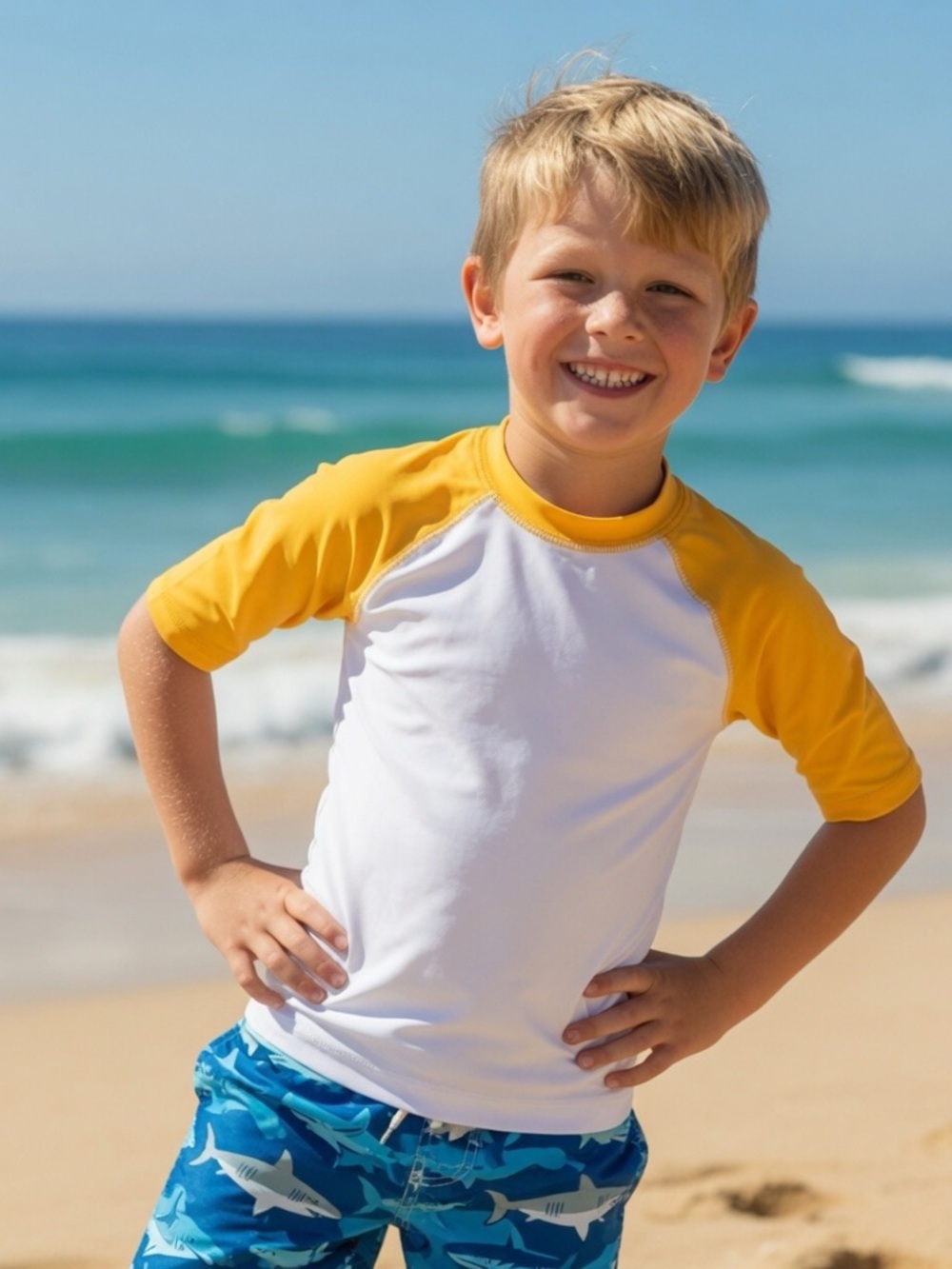Boys’ Old Navy White Rash Guard with Yellow Raglan Sleeves